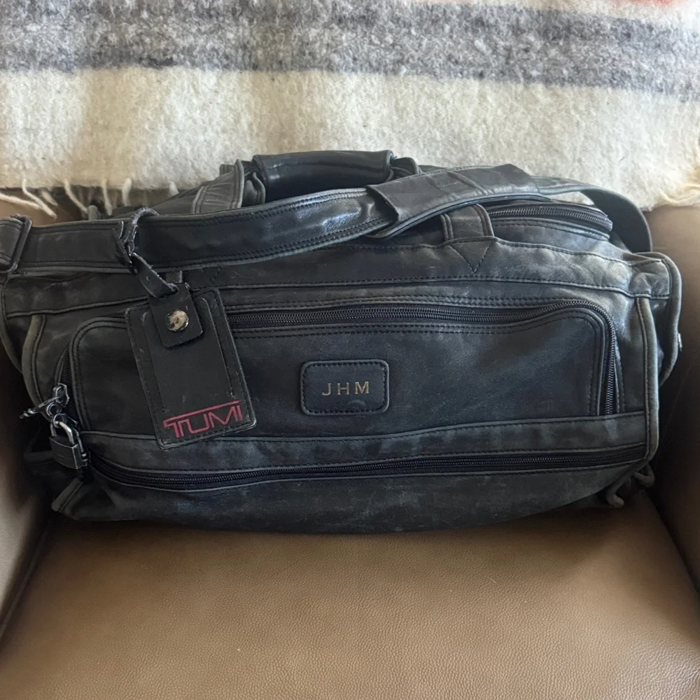 Tumi Black Leather Duffel Bag with Monogrammed JHM